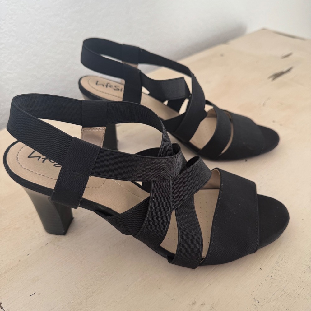 LifeStride Black Elastic Strap Block Heel Sandals Women's Size 9